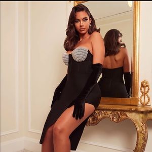 ~Ritualized Radiance:Bejeweled Bustier Bosom Black High Split Cocktail Dress~